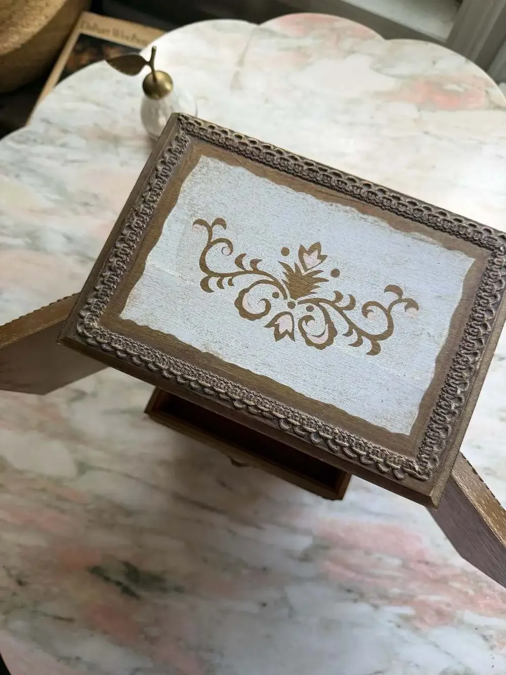 Vintage Florentine Wooden Miniature Armoire Jewelry Box with Romantic Scene Pane